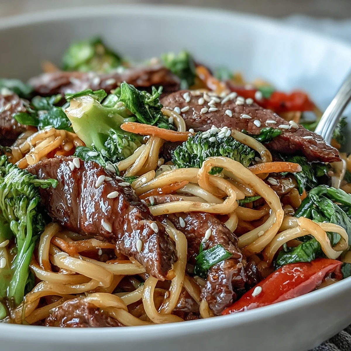 Hearty Korean Beef Noodles tossed with rice noodles and crisp vegetables, a family-style weeknight dinner