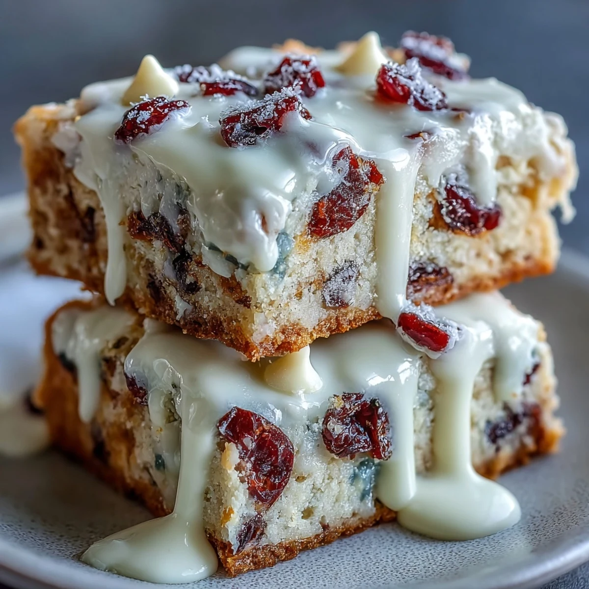 Golden-baked Cranberry Bliss Bars topped with zesty orange cream cheese frosting for a festive treat.