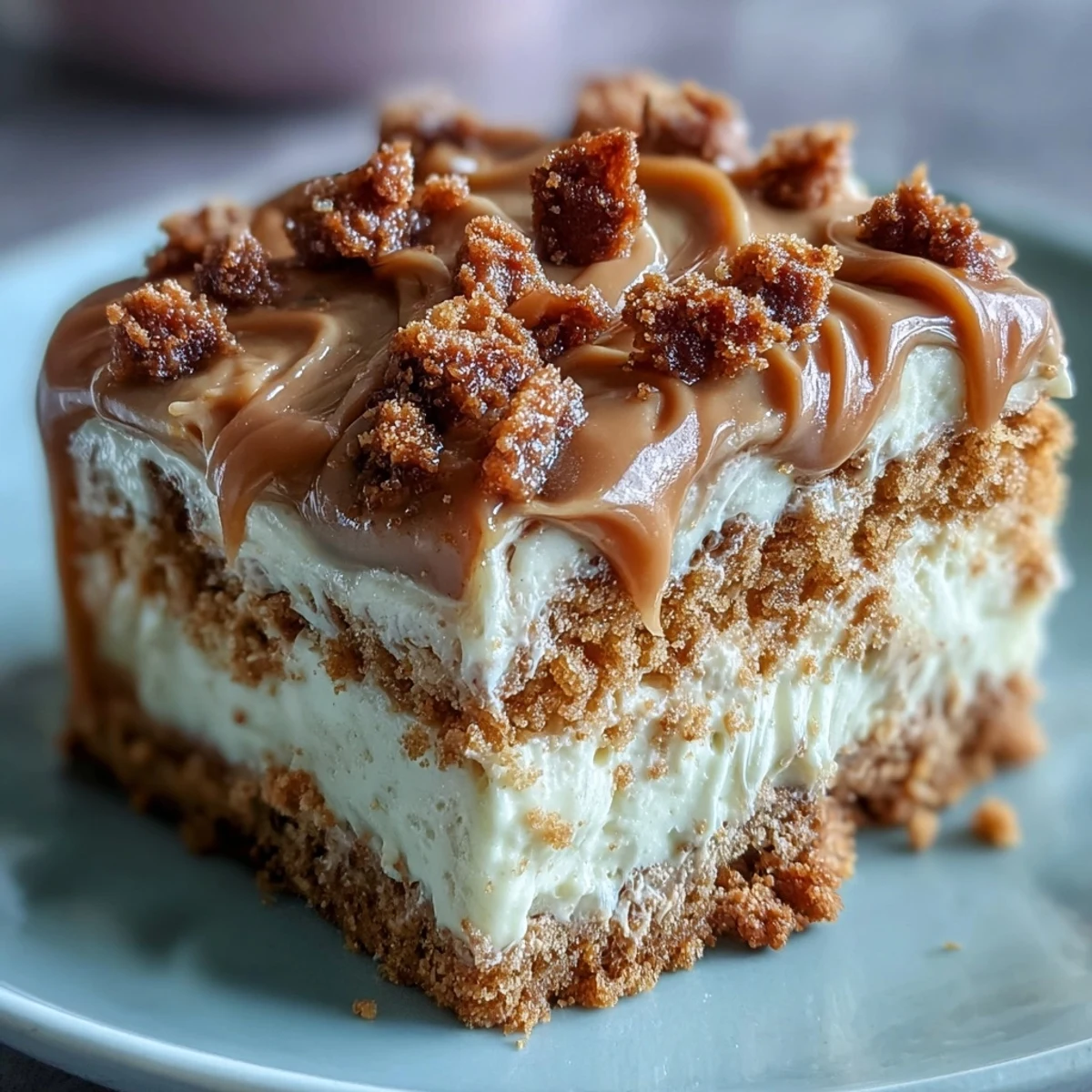 Warm caramel aroma wafts from this Decadent Baked Biscoff Cake with Creamy Lotus Frosting, topped with crunchy cookie shards.