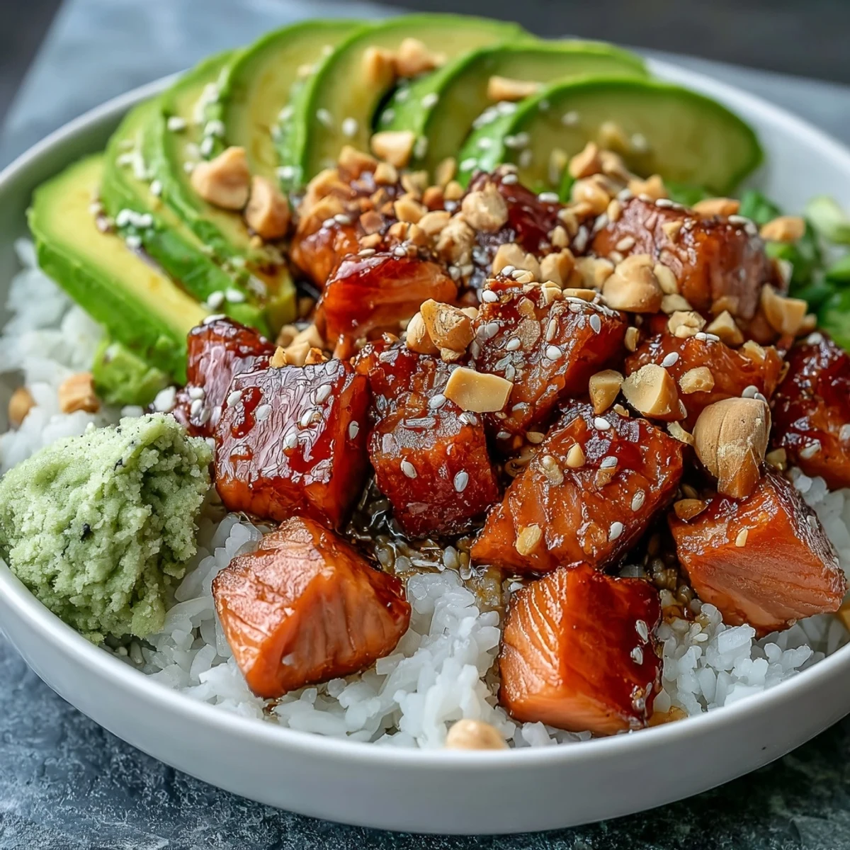 Two bowls of Avocado Salmon Bowl feature seasoned sushi rice topped with marinated salmon, creamy avocado slices, and crisp cucumber, finished with spicy chili oil and chopped peanuts.