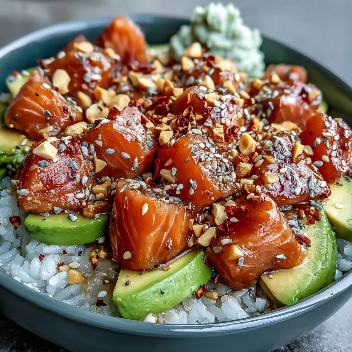 Avocado Salmon Bowl garnished with nori strips, sesame seeds, and a dollop of wasabi, served with lime wedges for a bright citrus squeeze.