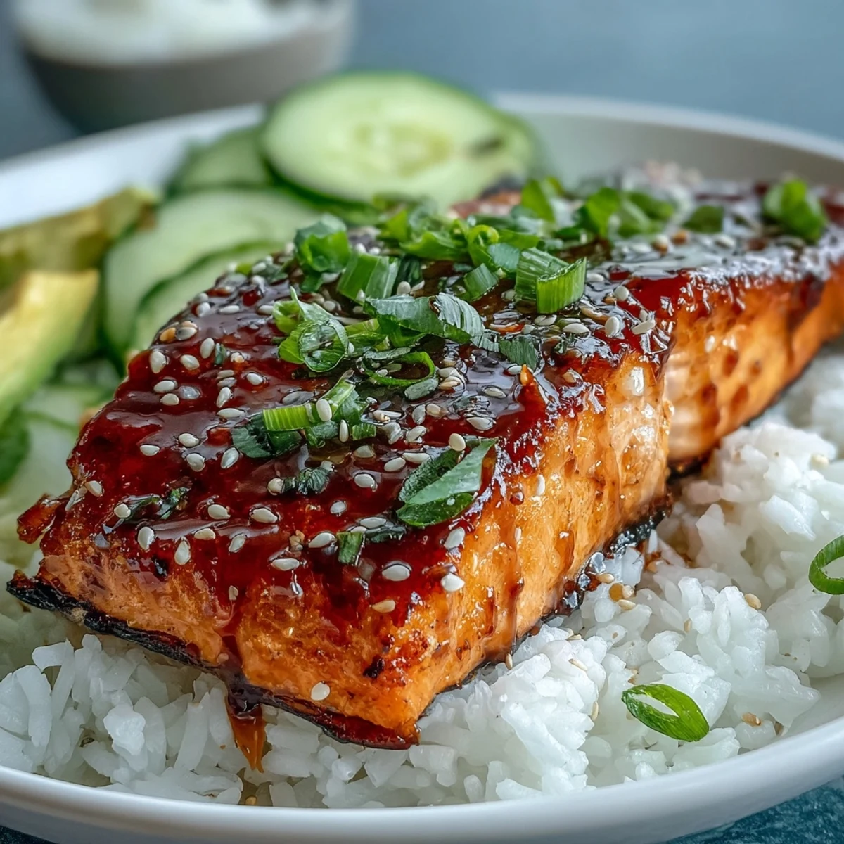 Golden-brown honey sriracha glazed salmon fillet sits atop fluffy jasmine rice, garnished with avocado and cucumber.