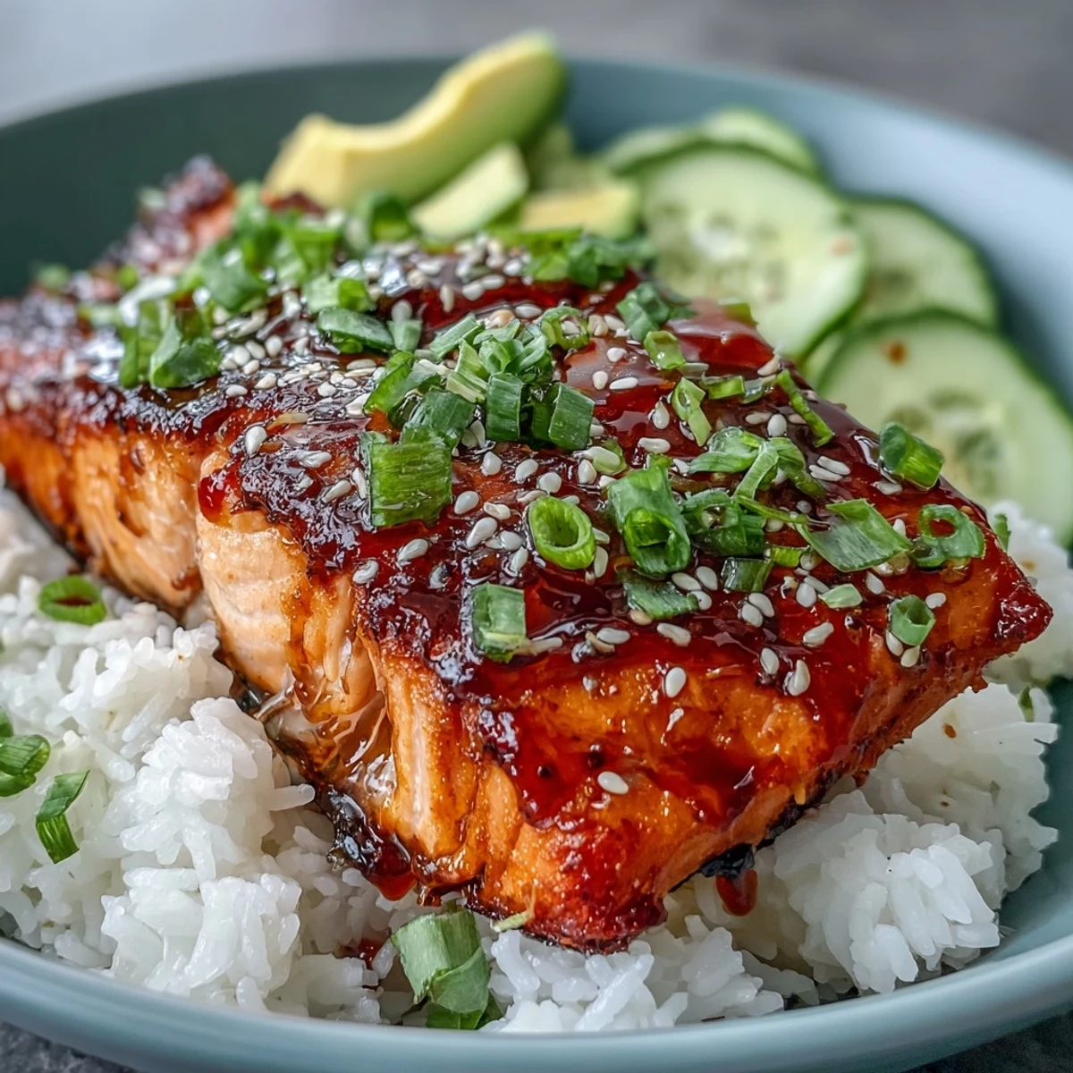 Freshly prepared Honey Sriracha Salmon Bowl with vibrant sliced avocado, cucumbers, and sesame seeds over steamed rice.
