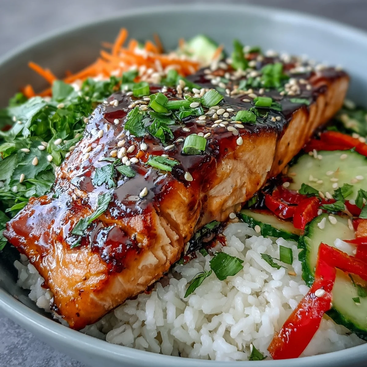 Flaky soy-ginger glazed salmon rests atop fluffy rice in a vibrant Asian-inspired salmon bowl, garnished with crisp vegetables and sesame seeds.
