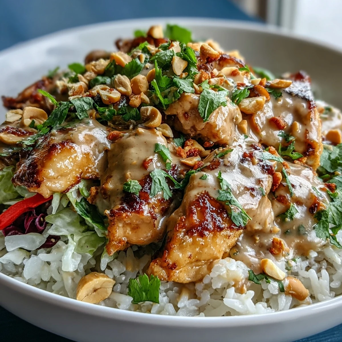 Freshly sautéed chicken and crisp vegetables sit atop fluffy coconut rice in a vibrant Peanut Chicken Protein Bowl, drizzled with creamy peanut sauce.