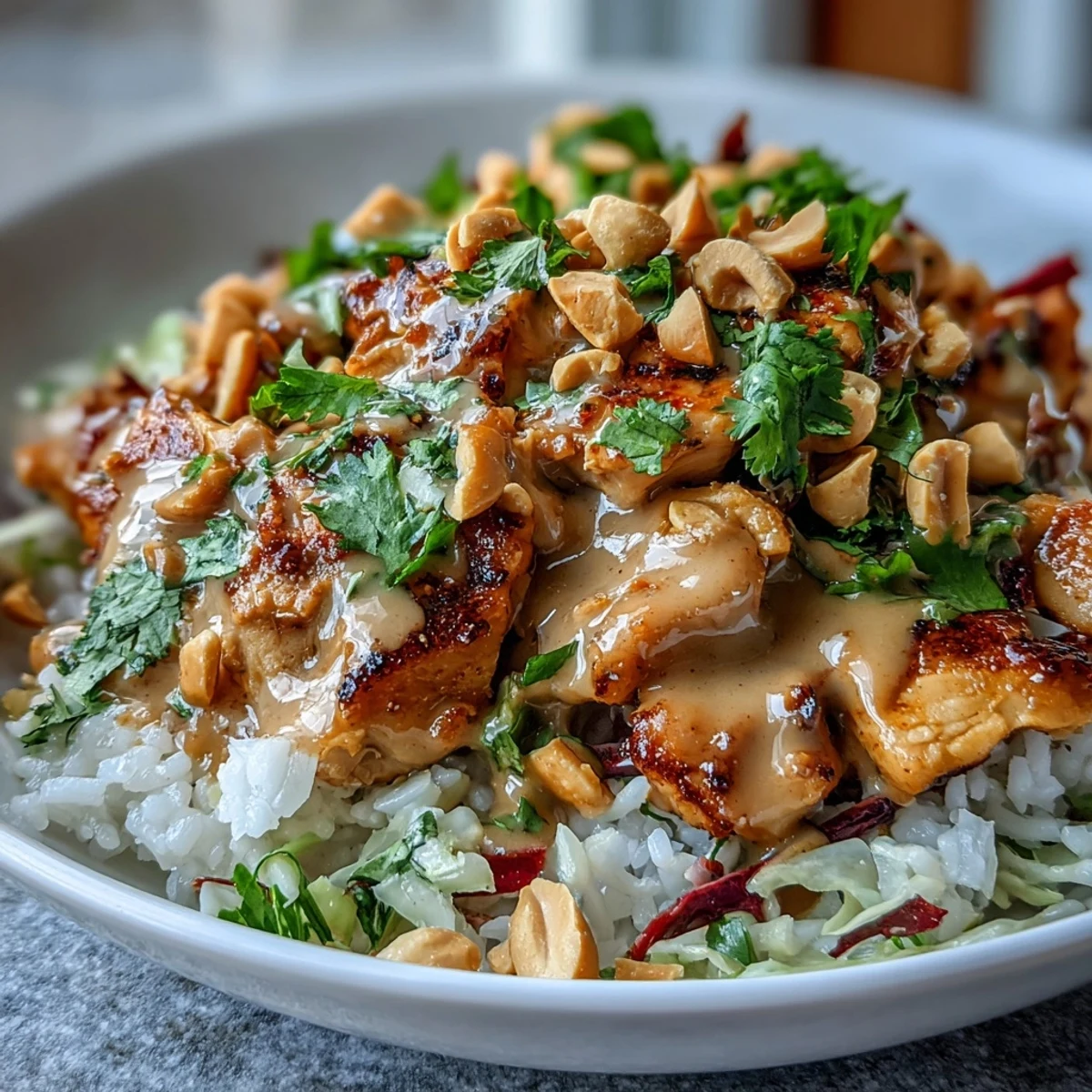 A colorful high-protein lunch bowl features golden sautéed chicken, fluffy coconut rice, and rainbow vegetables, ready to be eaten with chopsticks or a fork.