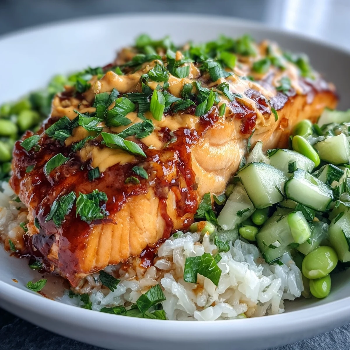 Flaky baked salmon and colorful salsa top a bed of jasmine rice in this vibrant Bang Bang Salmon Bowl.