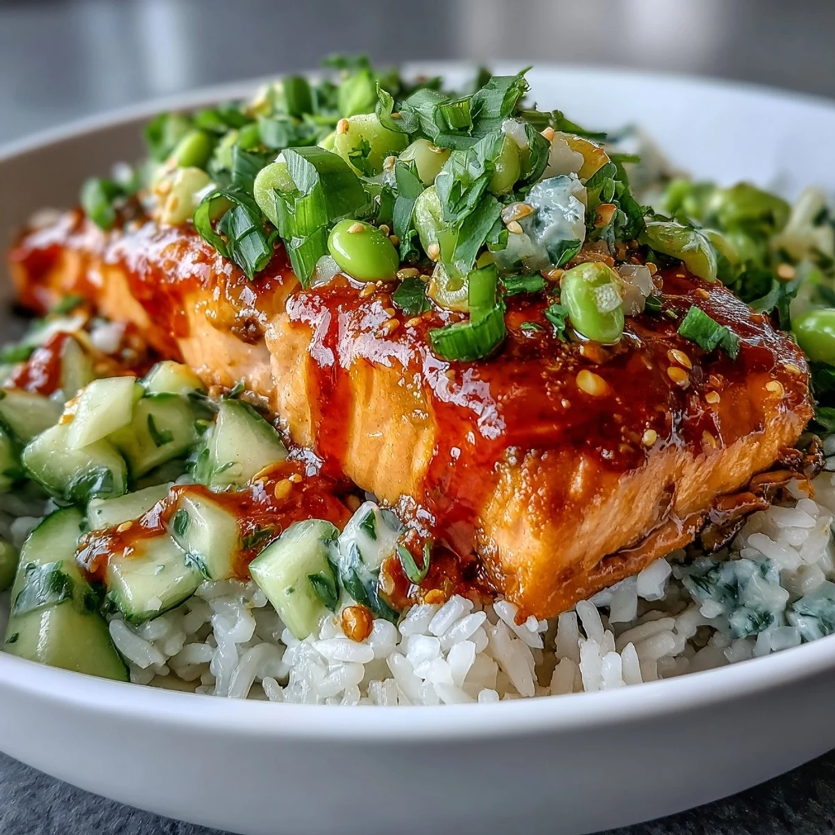 A close-up of tender salmon and edamame-cucumber salsa in a warm bowl of Bang Bang Salmon Bowl.