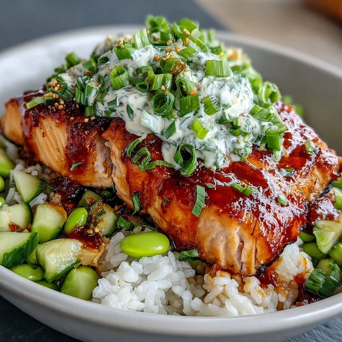 Sizzling, sauce-drizzled Bang Bang Salmon Bowl garnished with sesame seeds and fresh cilantro, served with lime wedges.