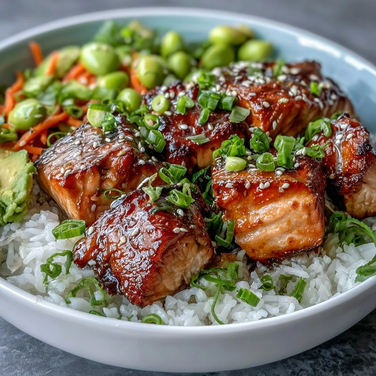 Flaky broiled salmon cubes rest atop fluffy jasmine rice in this vibrant Baked Salmon Rice Bowl garnished with fresh veggies.