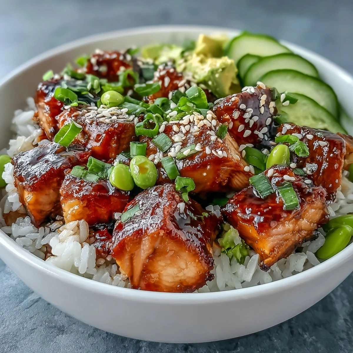 Golden baked salmon cubes glazed with soy and ginger rest on fluffy jasmine rice in a colorful Salmon Rice Bowl, topped with edamame, cucumber, and avocado.