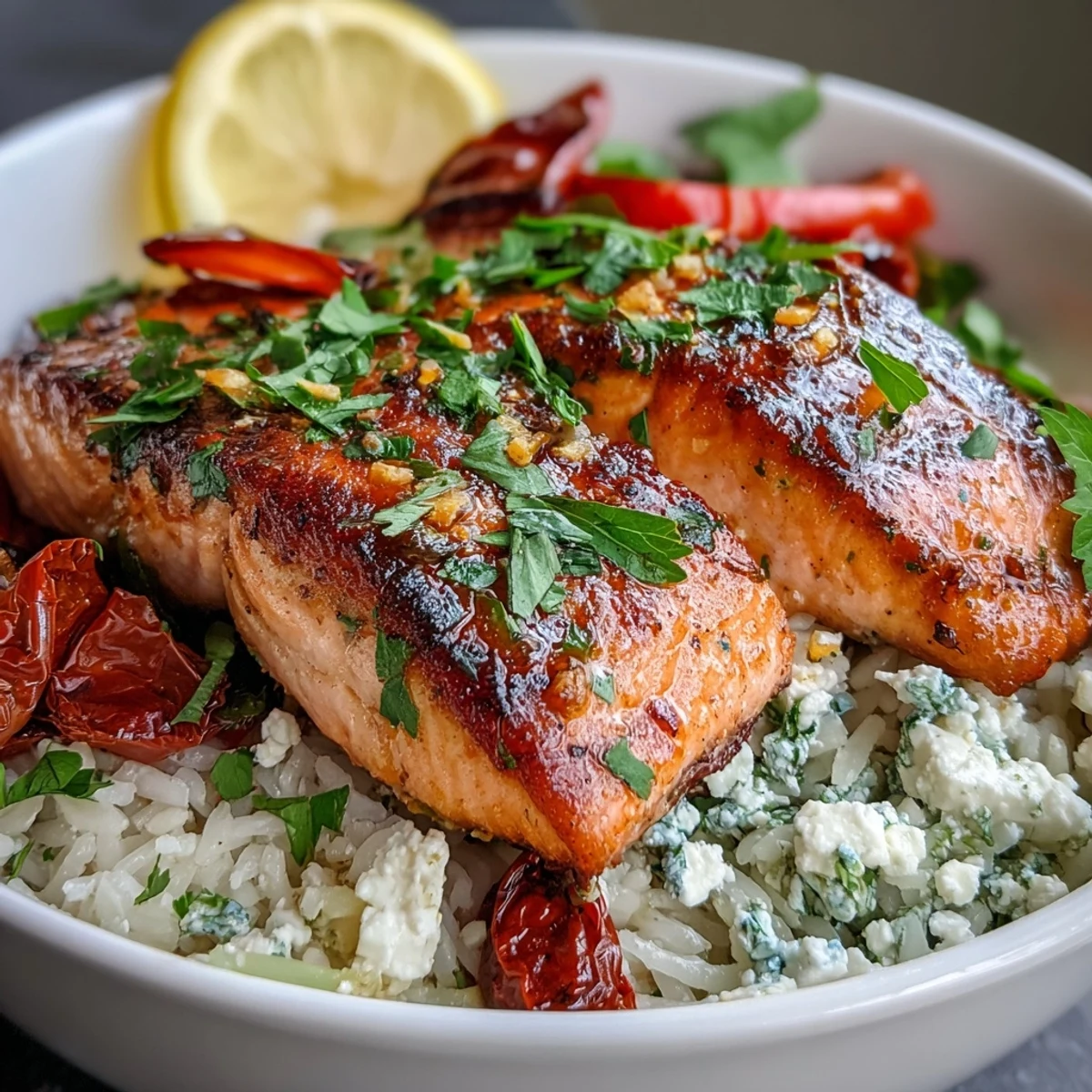 Golden pan-seared Mediterranean Salmon Bowl with crispy rice, feta, and sun-dried tomatoes on a white plate.