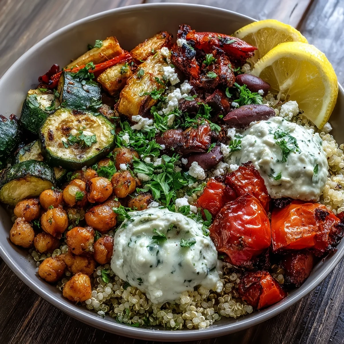 A vibrant Mediterranean Buddha Bowl with fluffy quinoa, roasted vegetables, chickpeas, olives, and creamy hummus topped with feta and Greek yogurt.