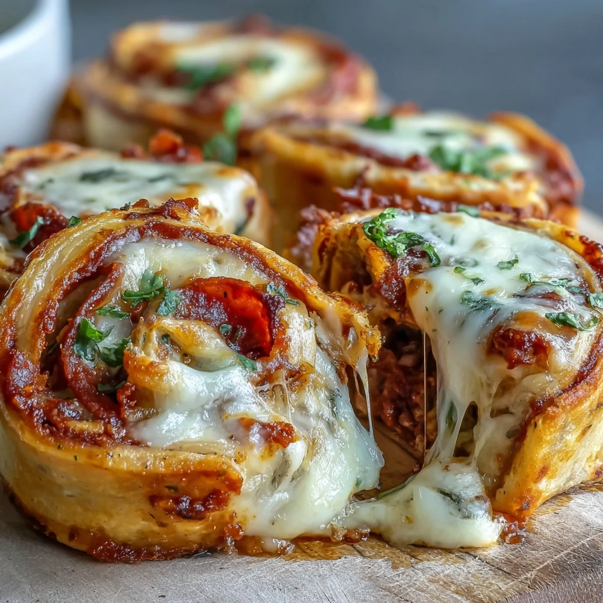 Golden-baked Tortilla Pizza Rolls with melted mozzarella and zesty pepperoni on a marble board. 