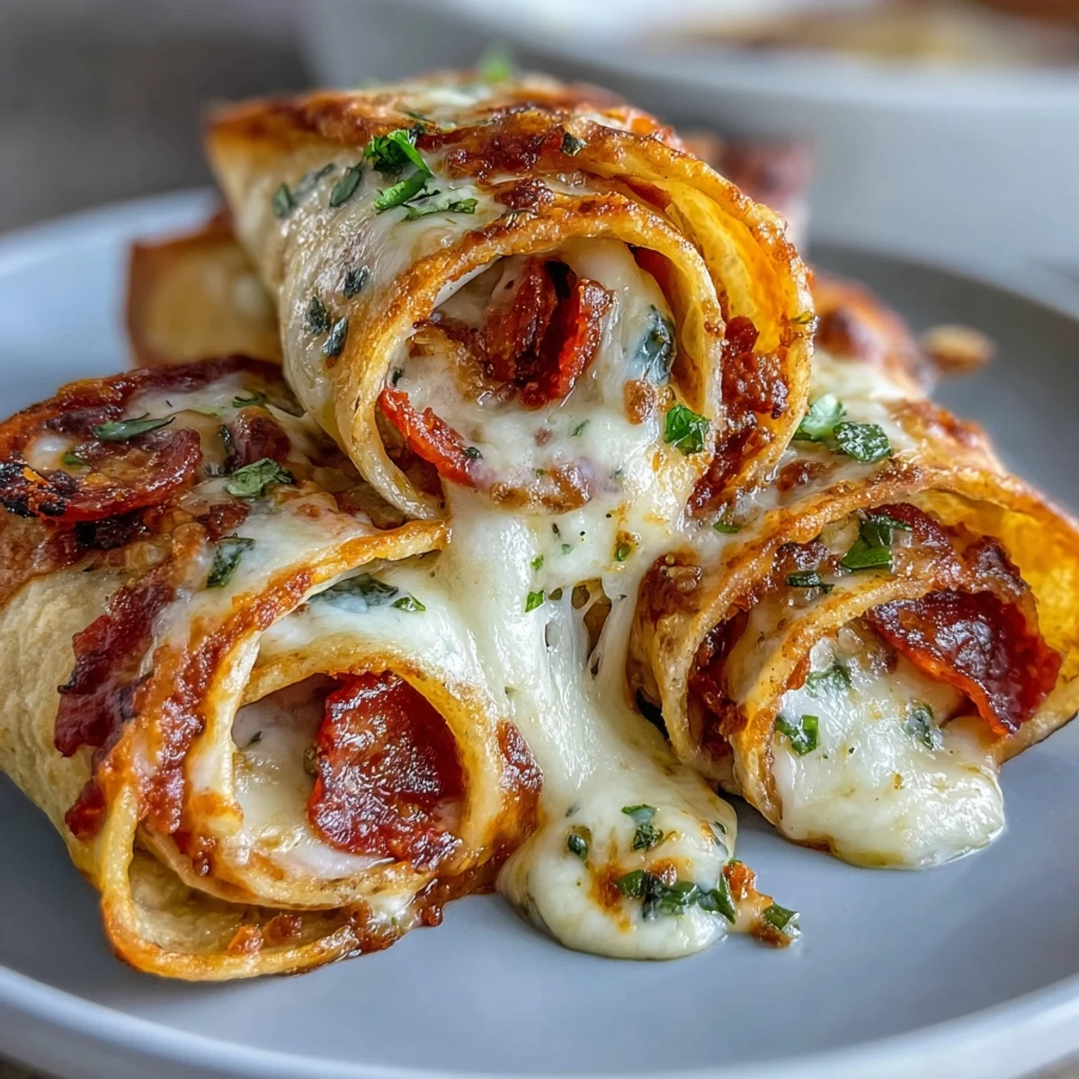 Warm Tortilla Pizza Rolls served with a small bowl of marinara dipping sauce.