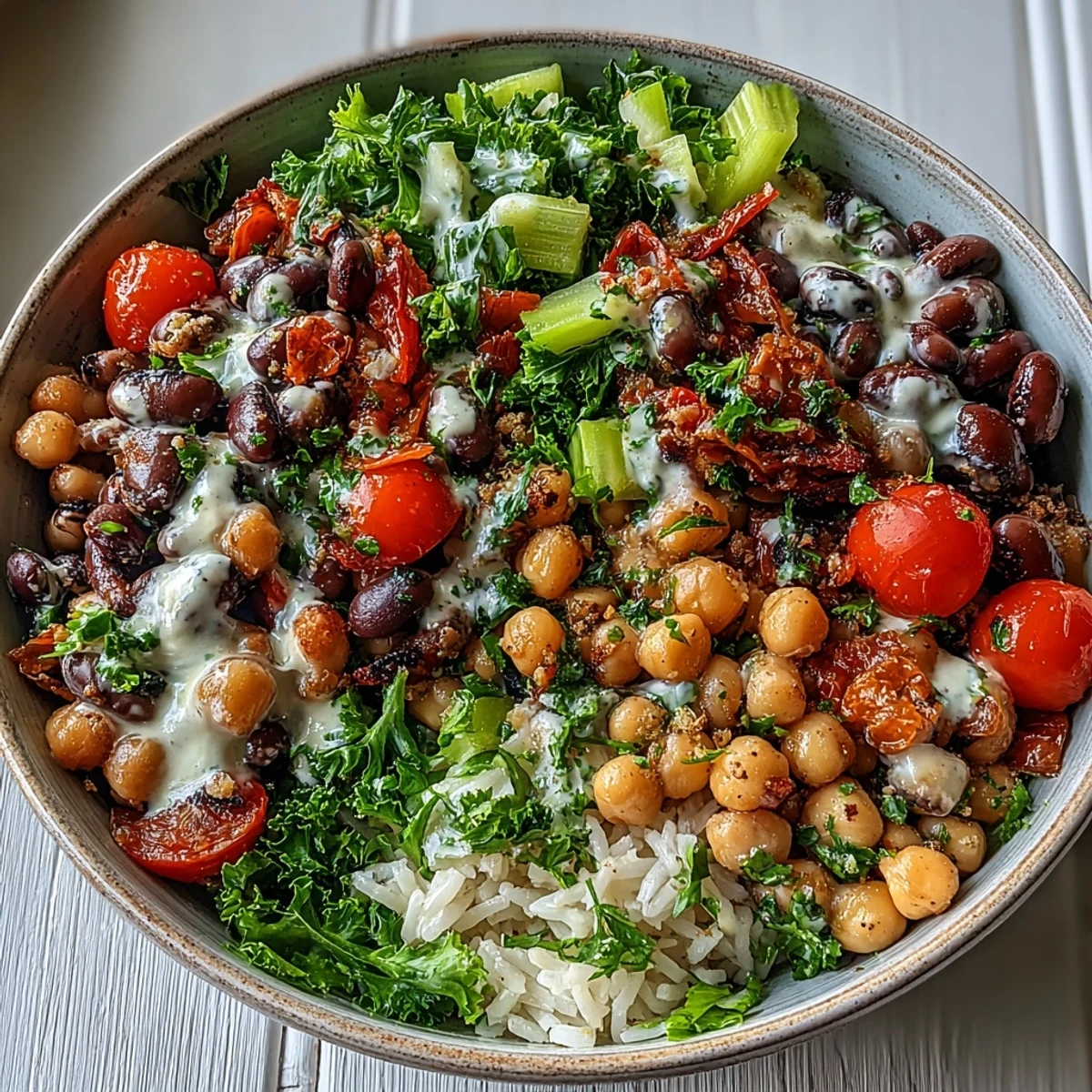 Tossing the New Years Hoppin John Salad with black-eyed peas and chickpeas in a creamy tahini dressing.