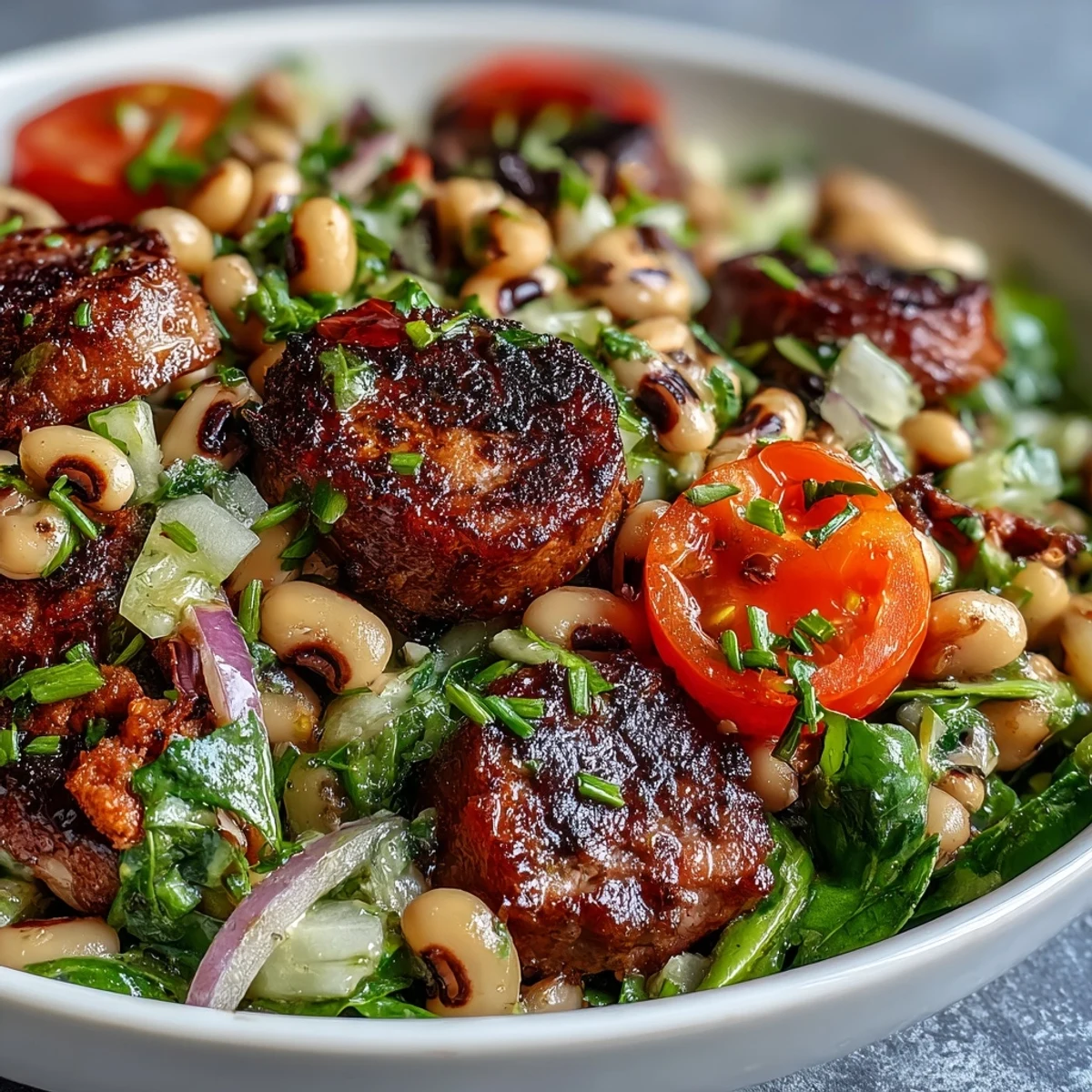 A close-up of Hoppin John Style Black-Eyed Pea Salad, showcasing sautéed turkey sausage, diced red bell pepper, and fresh tarragon tossed in a zesty mustard dressing.