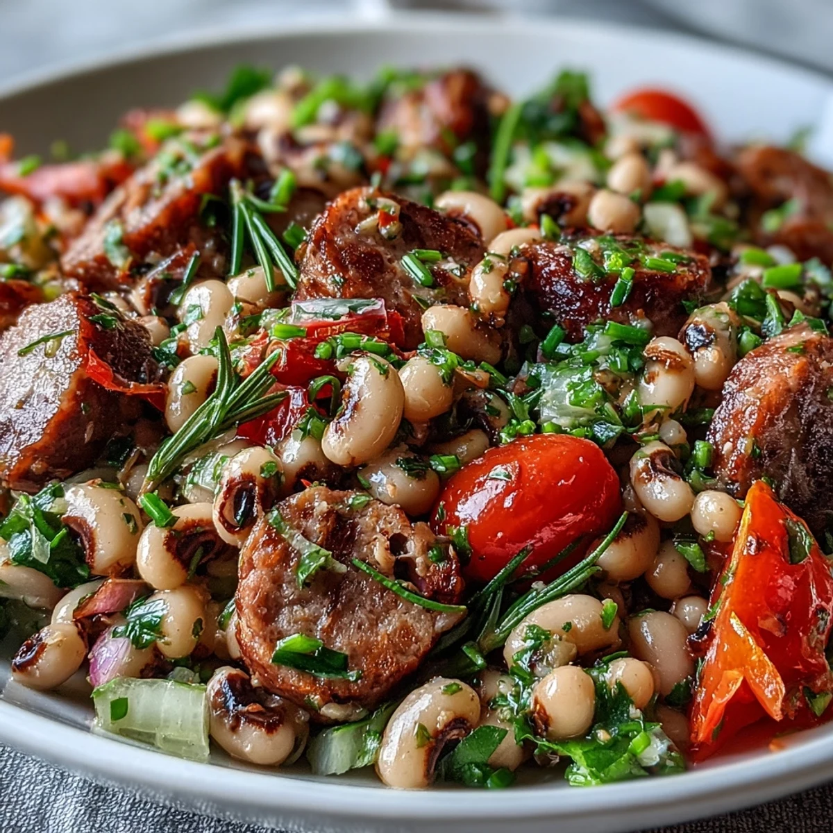 Vibrant Hoppin John Style Black-Eyed Pea Salad arranged on mixed greens, featuring hearty black-eyed peas, crisp celery, and cherry tomatoes for a fresh Southern-inspired meal.