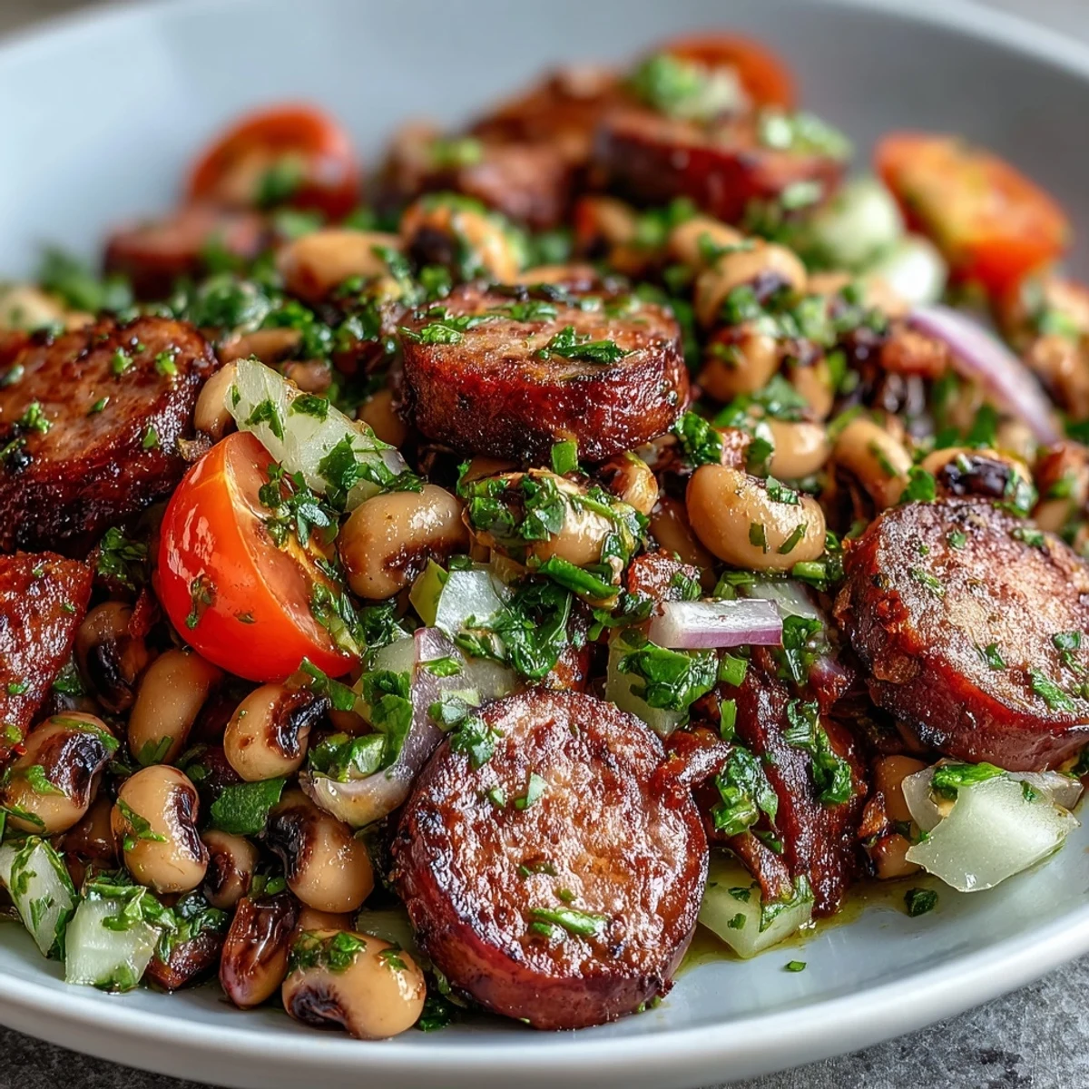 Overhead view of Hoppin John Style Black-Eyed Pea Salad with turkey sausage, red onion, and creamy mustard dressing, ready to serve for an easy high-protein dinner.