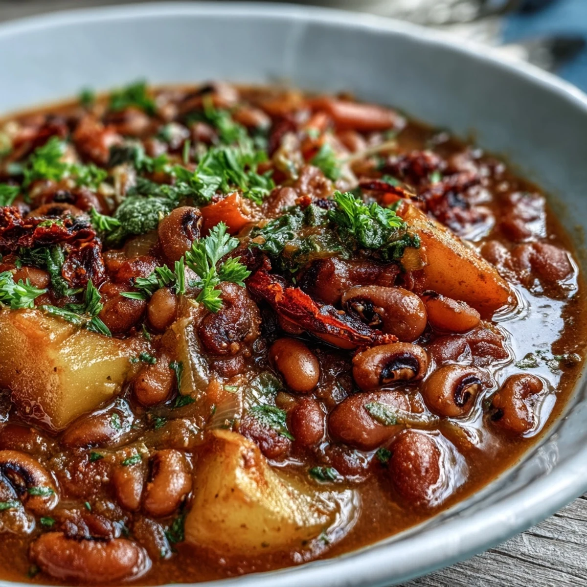 Steaming Black-Eyed Pea Stew in a rustic bowl, showcasing tender potatoes, carrots, and peas in a rich, savory tomato broth.