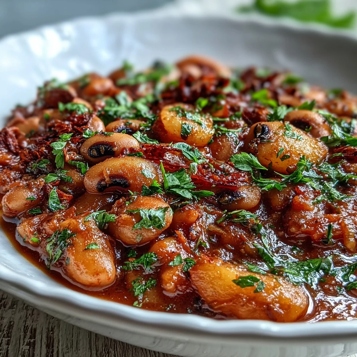 Close-up of a chef's spoon lifting vibrant Black-Eyed Pea Stew, revealing colorful vegetables and a fragrant, tomato-based broth.