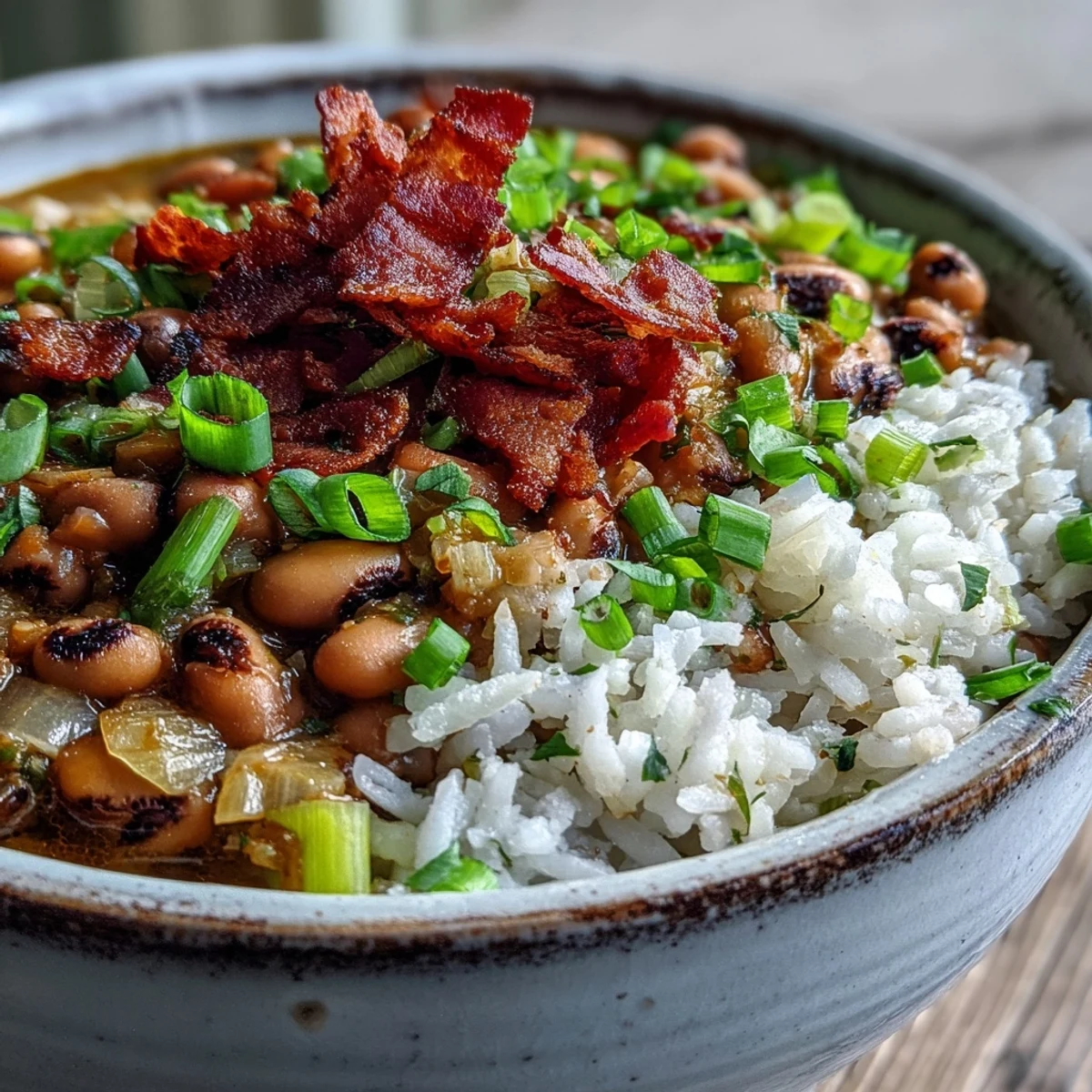 Golden Hoppin John served over fluffy white rice with crispy bacon bits and fresh sliced scallions.