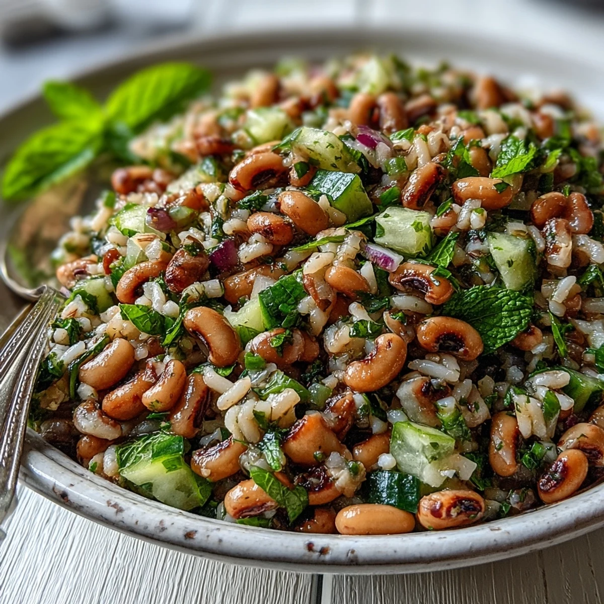 Serving of Southern Black Eyed Pea Salad with chilled black-eyed peas, fresh mint, and zesty lemon dressing in a rustic bowl.
