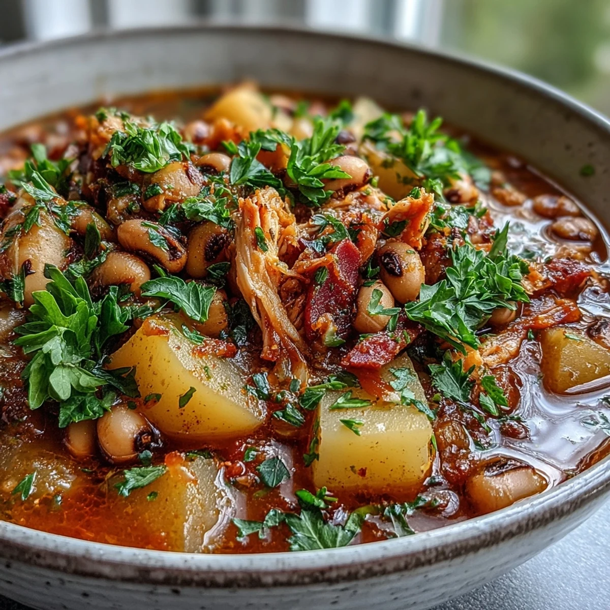 Steaming bowl of Black-Eyed Pea Stew with Smoked Ham Hocks, garnished with fresh parsley.