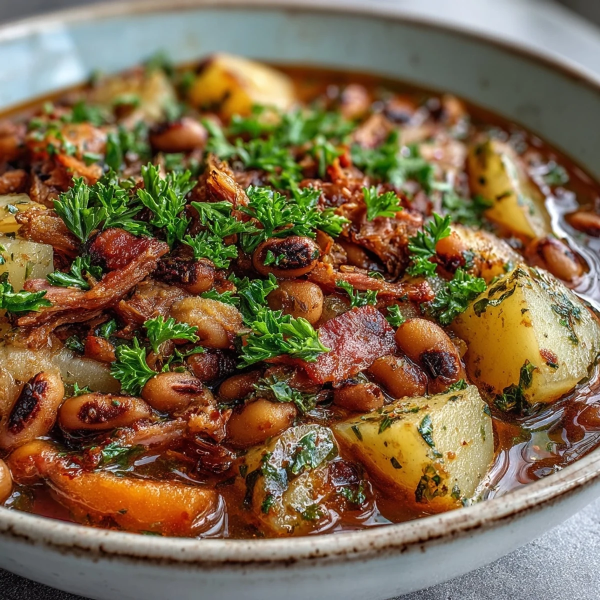 Black-Eyed Pea Stew with Smoked Ham Hocks served in a rustic bowl, highlighting tender peas and shredded meat.