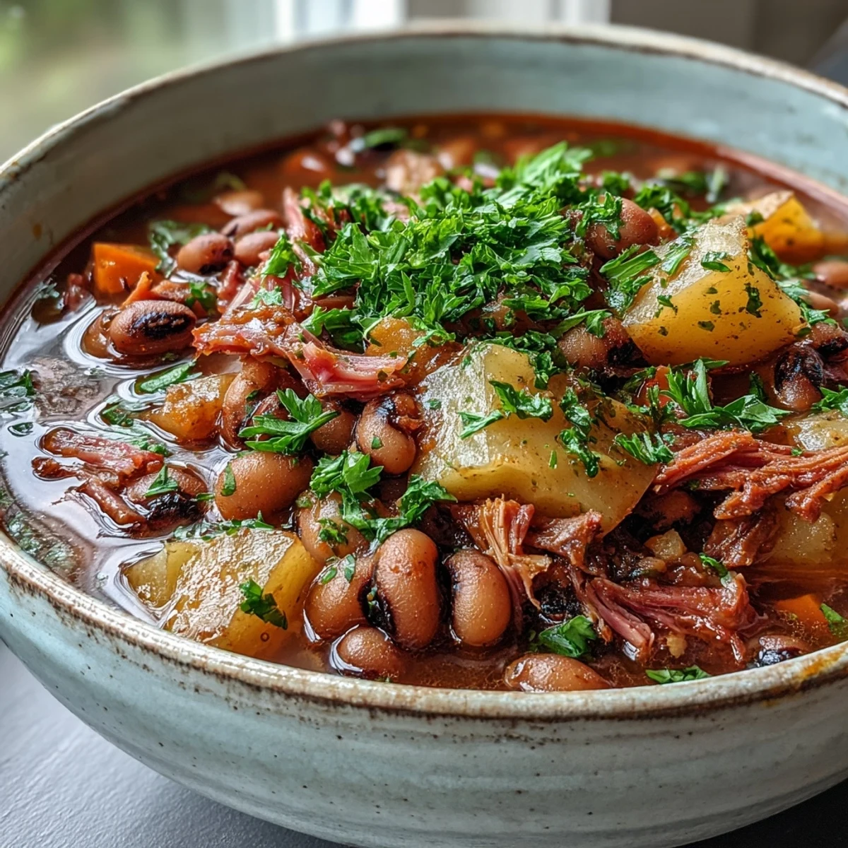 Southern-style Black-Eyed Pea Stew with Smoked Ham Hocks, rich broth with carrots, potatoes, and celery.