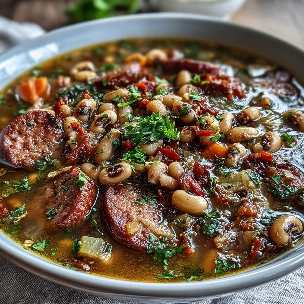 A hearty bowl of Black-Eyed Peas and Sausage Soup garnished with fresh parsley and Parmesan.