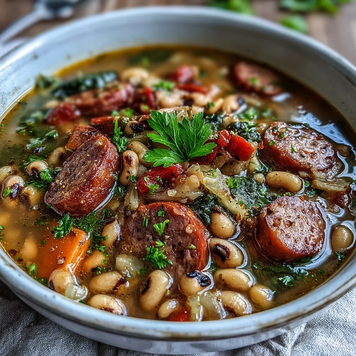Rustic Black-Eyed Peas and Sausage Soup simmering with Italian sausage and vegetables in a pot.