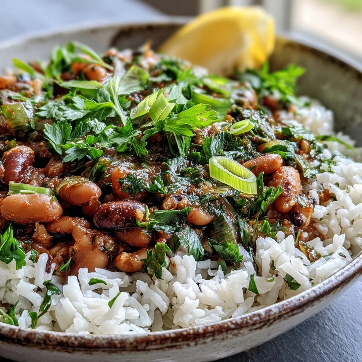 A steaming bowl of Vegetarian Hoppin John served over fluffy white rice, garnished with fresh parsley and green onions.