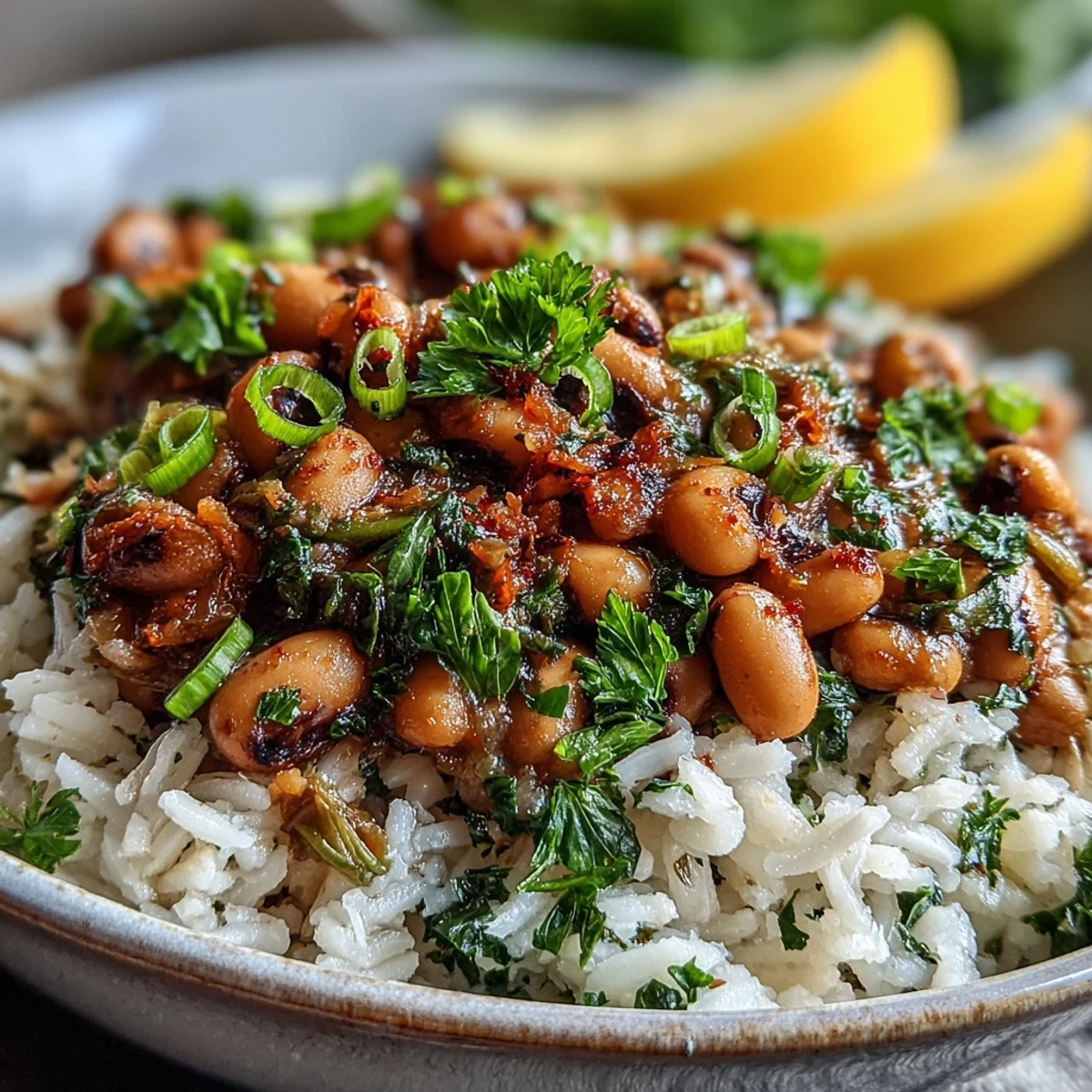 Vibrant plant-based Vegetarian Hoppin John featuring tender black-eyed peas and colorful vegetables, ready to be enjoyed with lemon wedges.