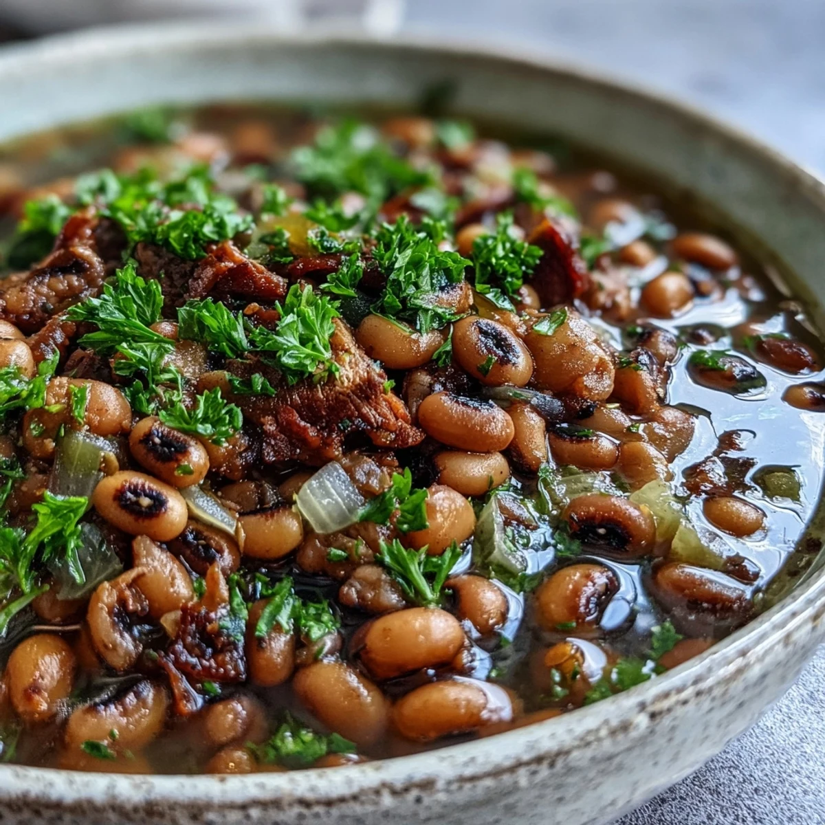 Classic New Years Black-Eyed Peas simmered with smoked pork neck bones until tender, served in a rich, savory Creole broth in a rustic Dutch oven.