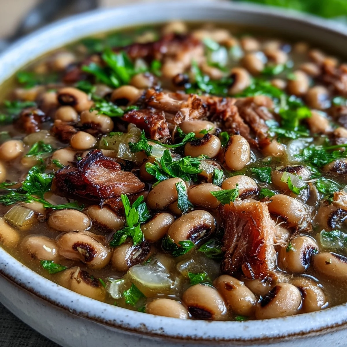 A close-up of Classic New Years Black-Eyed Peas revealing tender peas and shredded smoky pork, glistening with savory broth and flecked with Creole spices.