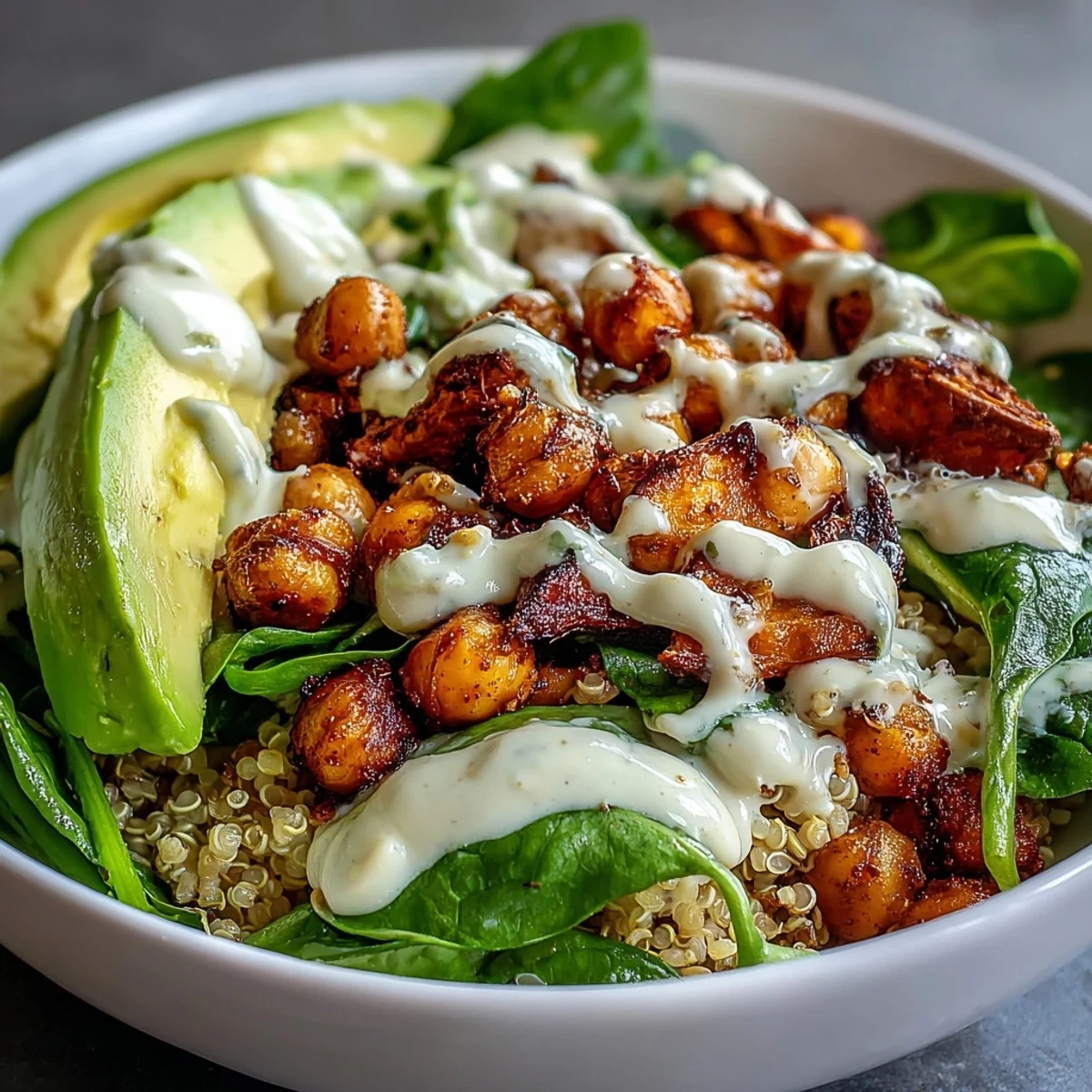Perfectly assembled Anti-Inflammatory Glow Bowl with tahini yogurt, fluffy quinoa, sautéed chickpeas, and baby spinach, served as a wholesome vegetarian dinner.