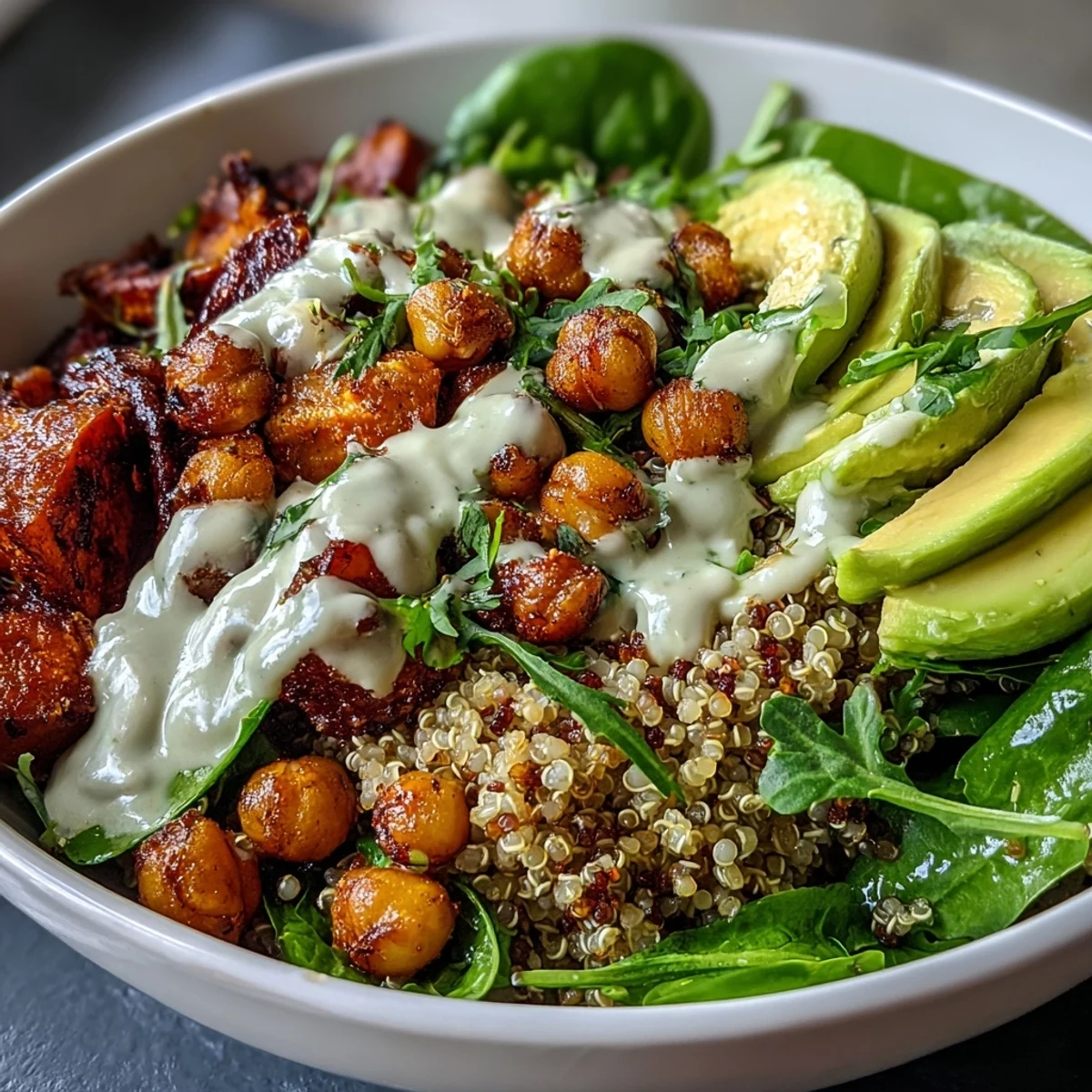 Gluten-free Anti-Inflammatory Glow Bowl topped with creamy tahini yogurt sauce, vibrant roasted sweet potatoes, crispy chickpeas, and fresh avocado slices.