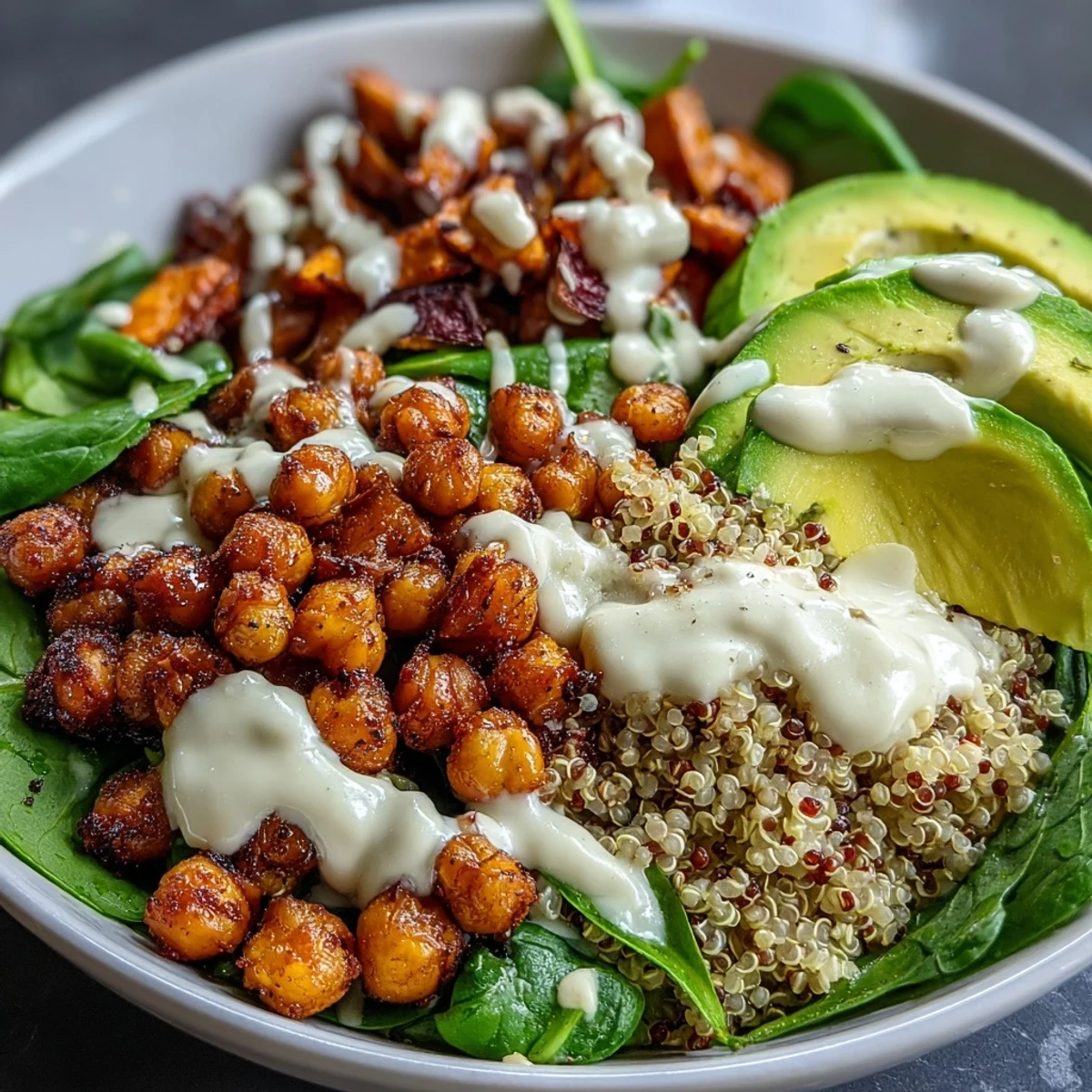 Close-up of a nutritious Anti-Inflammatory Glow Bowl drizzled with tahini yogurt dressing, featuring golden sweet potatoes and ripe avocado for a satisfying meal.