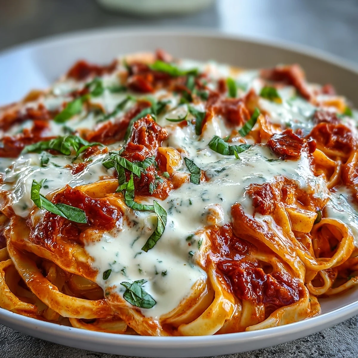Creamy Red Pepper Pasta with Burrata & Herbs features velvety roasted red pepper sauce in a bowl topped with torn burrata and fresh basil leaves.