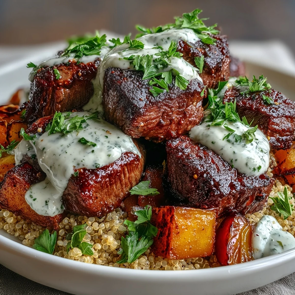 Golden roasted butternut squash and seared steak bites sit atop fluffy quinoa, drizzled with creamy garlic herb sauce.