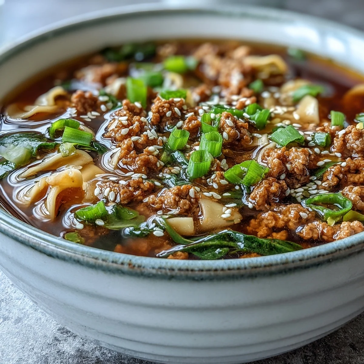 A warm bowl of One-Pot Egg Roll Soup garnished with fresh green onions and sesame seeds.