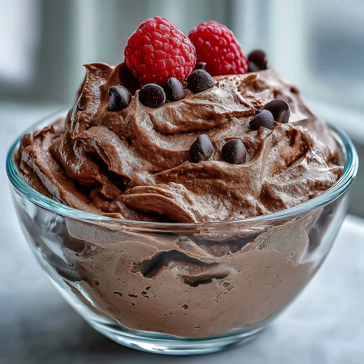 Creamy chocolate protein fluff topped with berries in a glass bowl, a thick and satisfying high-protein snack ready to enjoy.