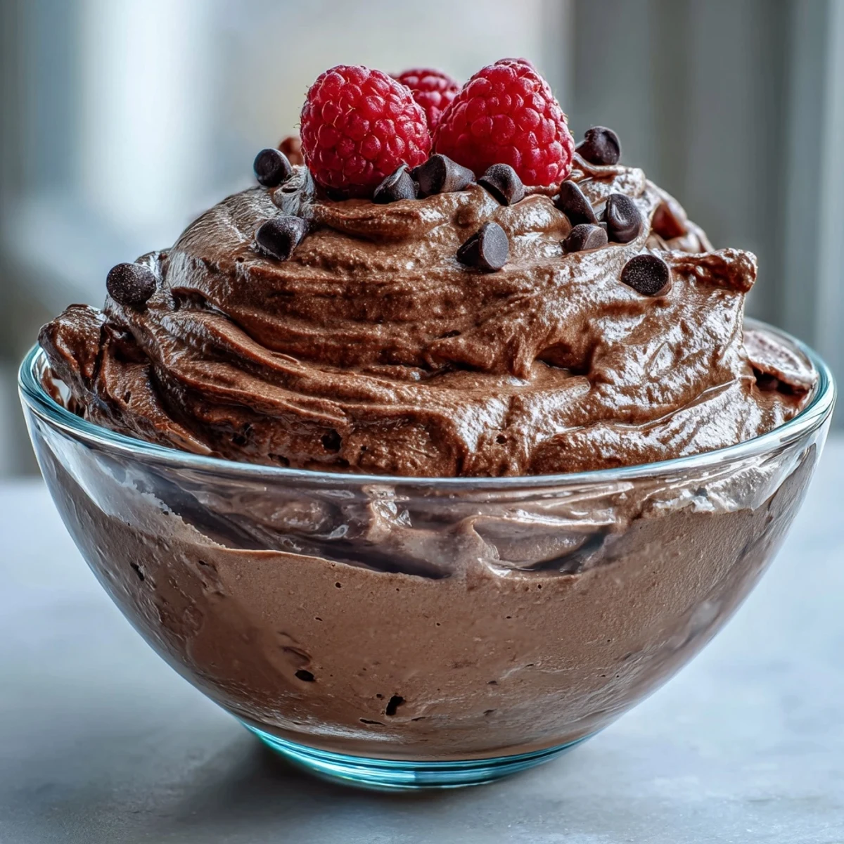 Rich and fluffy chocolate protein fluff garnished with fresh berries, a high-protein snack for a healthy American-style dessert.