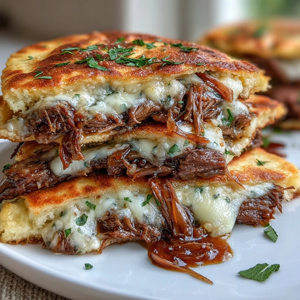 Close-up view of a Slow Cooker Beef & Garlic Naan Melt, showcasing juicy shredded beef and gooey cheese piled onto toasted flatbread, perfect for a cozy dinner.