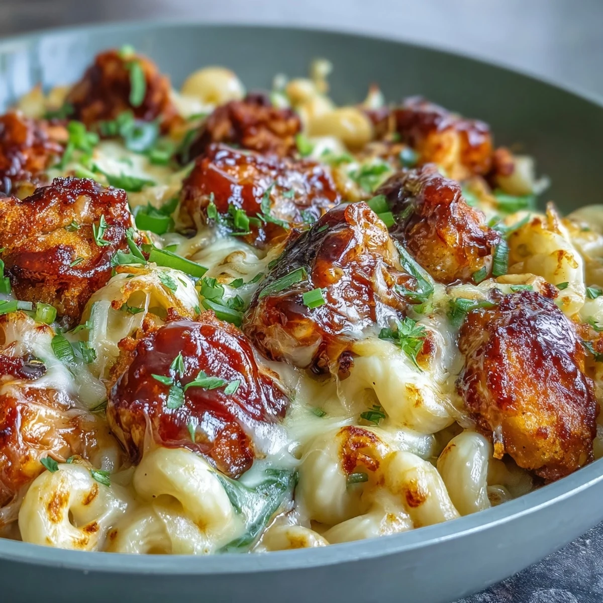 Golden, sticky honey BBQ chicken bites rest atop creamy cheddar macaroni in this one-pan skillet dinner.