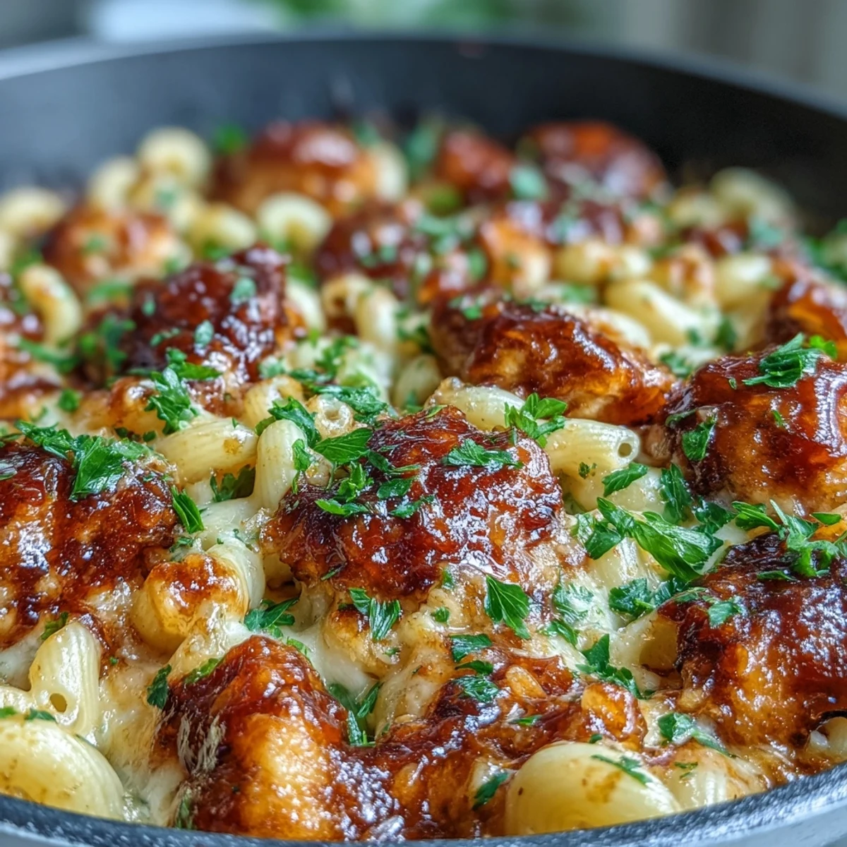 Close-up of tender chicken and cheesy elbow macaroni coated in a sweet and smoky barbecue glaze.