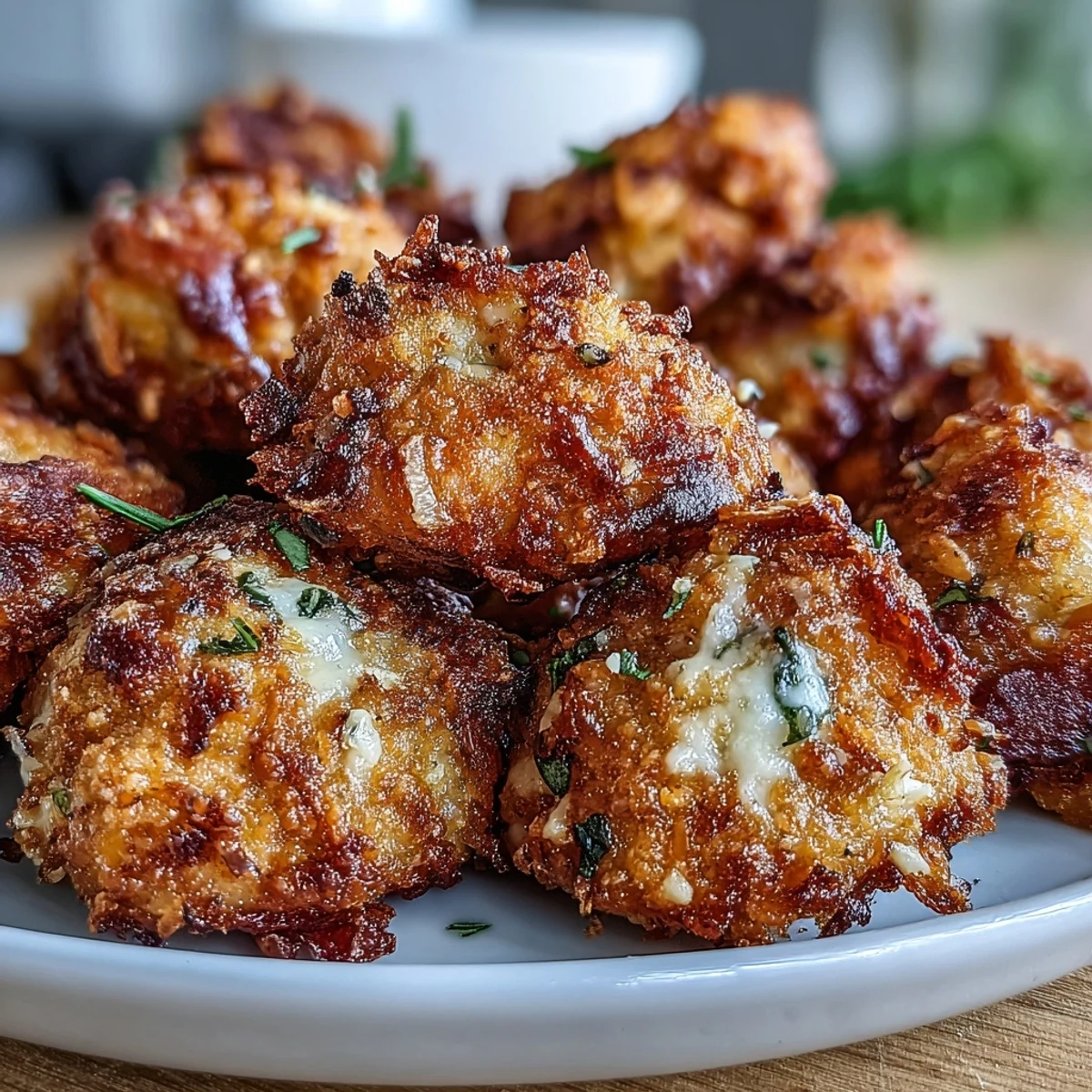 Golden-brown Asiago Panko Chicken Bites baked and served with creamy dipping sauce on a plate.