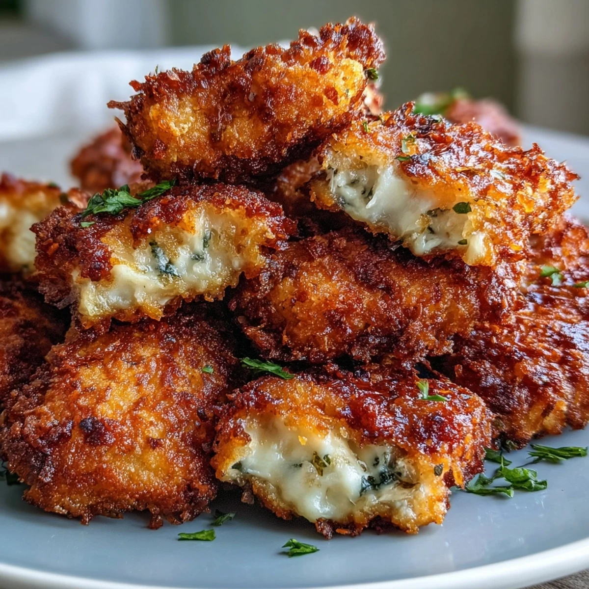 Crisp Asiago Panko Chicken Bites arranged over a green salad with cherry tomatoes.