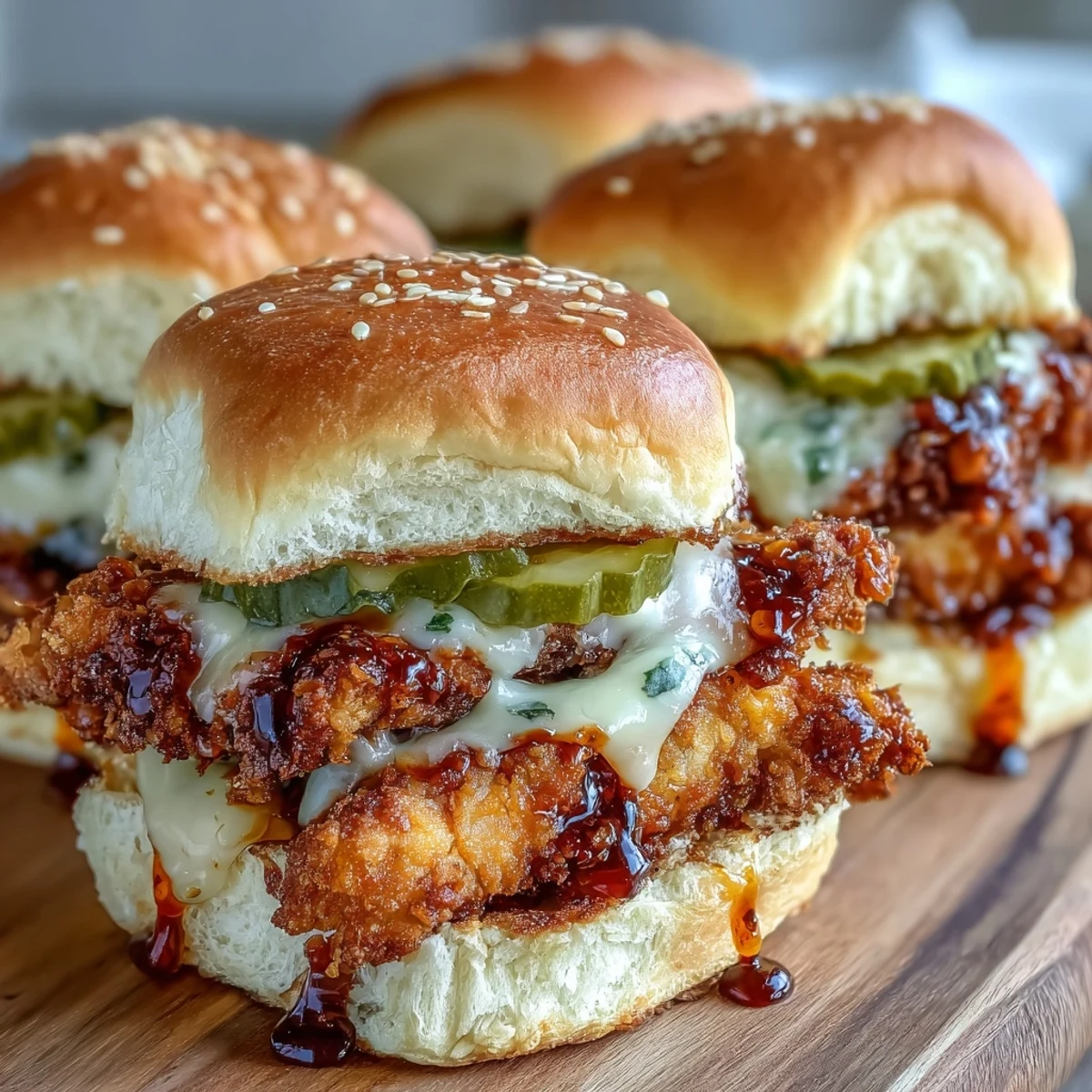 Golden-brown, crispy chicken tenders coated in spicy hot honey butter inside warm slider buns.